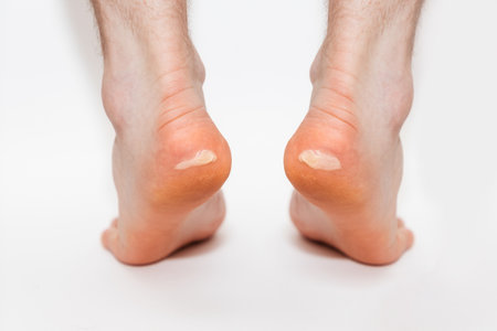Two male feet with a burst calluses. close-up. back view. white background. The concept of foot care and podology.の写真素材