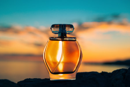 Rounded glass bottle of perfume on the ocean's beach. Sunset and sky in the background. Close-up low angle view. Presentation of perfumery.の写真素材