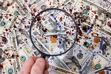A hand with a magnifying glass against the background of scattered American dollar bills with blood drops, close-up. flat lay. The concept of counterfeit money, bribery and illegal corruption.の写真素材