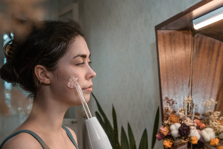 Beautiful girl doing the procedure apparatus Darsonval. skincare at home. close up.の写真素材