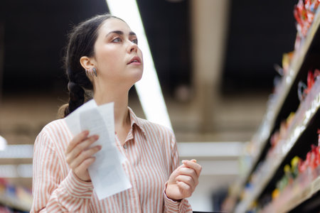Portrait of young caucasian woman holding products list and choosing food. Showcase and shelves at background. Concept of shopping and consumerism.の写真素材