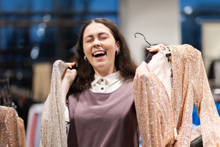 shopping. Portrait of happy young Caucasian woman holding two hangers with sparkly dresses. Concept of consumerism and black friday sales.の写真素材