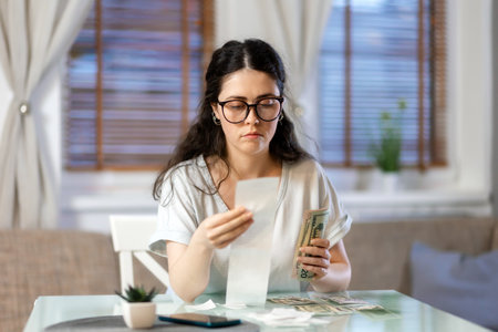 planning of expenses. Portrait of pensive caucasian young woman accounting cash and paper receipt....
