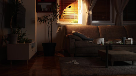 Psychology and mental disorder. Drunk young Caucasian grubby woman sits down on sofa. Dirty living room. Illness girl sitting on couch at evening in home.の写真素材