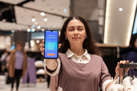 Cyber Monday. Defocused portrait of smiling young Caucasian woman shows smartphone with purchases in...