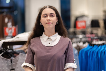 Portrait of pretty woman consultant posing in clothing store. Concept of shopping and sales.