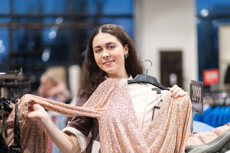 shopping. Portrait of happy young Caucasian woman showing hanger with sparkly dress. Concept of...