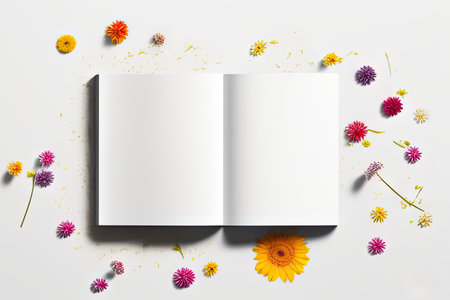 Open white notebook with flowers scattered on table. Flat lay. Copy space and mock up. Ai generation. Concept of greeting card and advertisingの素材