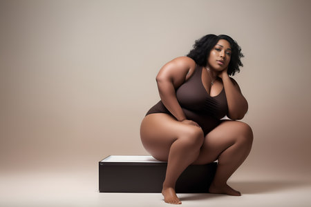 Tolerance to plus sized people. Overweight African-American adult woman poses in underwear sitting on cube in studio. Copy space. Generative Ai. Concept of body positive, liposuction and fatnessの素材