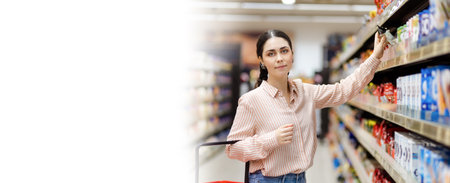 Web banner of shopping in supermarket. Portrait of smiling young pretty caucasian woman takes food...