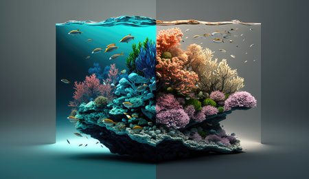 Result of human ecological activity. Colorful coral reef underwater with fish, before and after water pollution. Ai generation. Concept of ecological disaster and Global warmingの素材
