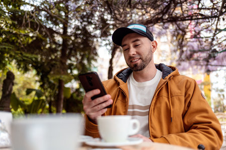 Handsome young man sitting in cafe and using smartphone. Concept of online communication and remote work.の写真素材