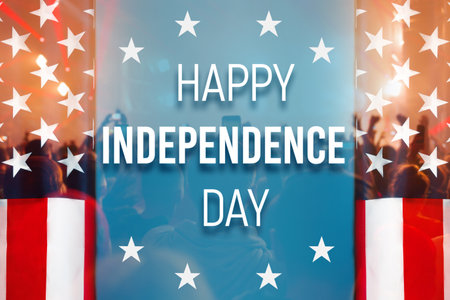 Congratulation Happy Independence day on double exposure background with waving flag of the USA, fireworks and people. Concept of patriotism and national holidays of the United States of America.の写真素材