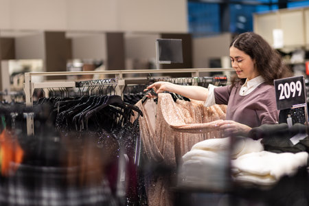 shopping in supermarket. Smiling young Caucasian woman choising and holding hanger with clothes. Concept of purchasing and sale.の写真素材