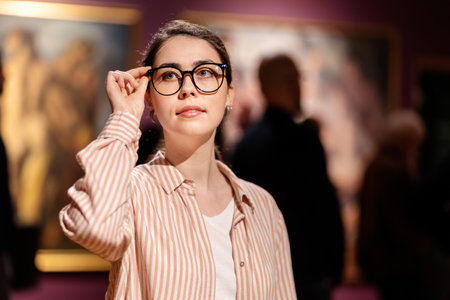Portrait of young pretty Caucasian woman guide holds glasses and looking at exhibition. People and masterpieces in the background. Concept of Museum Day.の写真素材