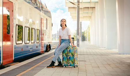 Young pretty woman sitting on her luggage and waiting train departure. Station is in the background. Concept of vacation and business trip.の写真素材