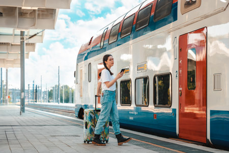 Young caucasian woman holding her luggage and walking to departure in train. Concept of travel, online booking and vacation.の写真素材