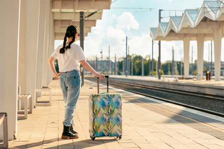 Rear view of a young woman holding her luggage. Train station is in the background. Concept of travel and vacation.の写真素材