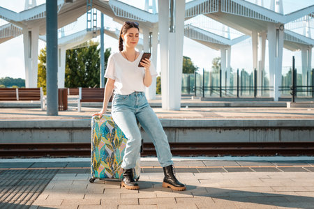 Young caucasian woman sitting on her luggage using a smartphone. Train station is in the background. Concept of travel and vacation.の写真素材
