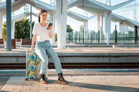 Smiling young woman sitting on her luggage and waiting departure, using cellphone. train station in the background. Concept of modern travel and vacation.の写真素材