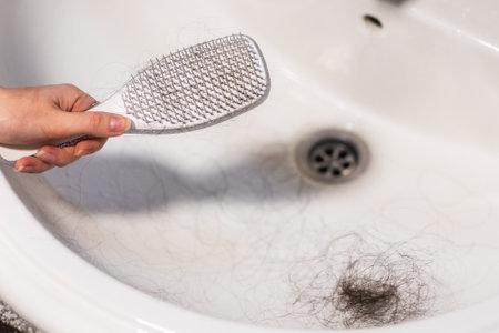 Alopecia. Close-up of woman's hand holding comb over sink in which lies bunch of hair. Concept of baldness and hair loss.の写真素材