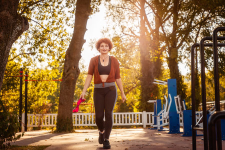 Adult Caucasian pretty woman wearing sport clothes walking in autumn city park. Healthy lifestyle and fitness.の写真素材