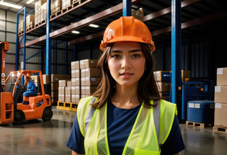 Portrait of Asian pretty young woman in vest and protective yellow helmet on background of warehouse. Ai generation. Concept of industry and logisticsの素材
