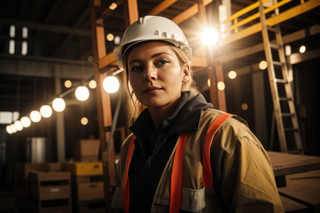 Portrait of young Caucasian woman in hard hat and overalls working in building site. Generation Ai. Bottom view. Concept of housing industry and equal opportunityの素材