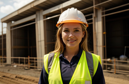 Portrait of young smiling Caucasian woman in hard hat and overalls inspecting in building site. Generation Ai. Concept of housing industry and equal opportunityの素材