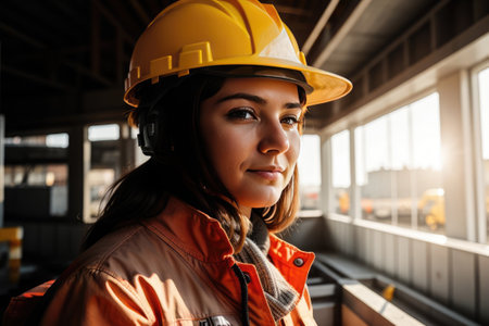 Portrait of young smiling Caucasian woman in yellow hard hat and overalls against background of wooden scaffolding on construction site. Generation Ai. Concept of housing development and equalityの素材