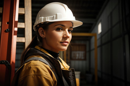 Portrait of young Caucasian woman in white hard hat and overalls against background of wooden scaffolding on construction site. Ai generation. Concept of housing developmentの素材