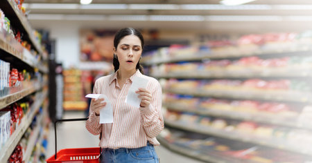 Web banner of shopping and high price. Portrait of shocked Caucasian woman holds paper receipts of purchase. In background, rows of shelves with products. Concept of inflation. Copy space.の写真素材