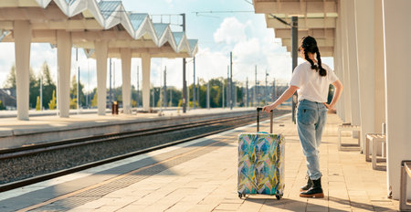 Back view of woman holding her luggage and waiting for departure. Train station is in background. Copy space. Web banner of modern travel and vacation.の写真素材