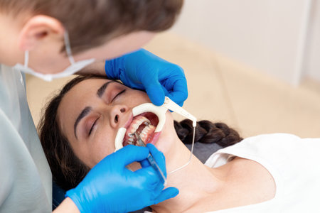 Close-up top view of young Caucasian woman lying at reception in dental office. Dentist cleans teeth...