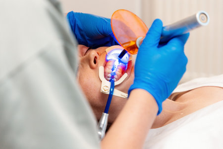 Close-up view of young Caucasian woman lying at reception in dental office. Dentist puts seal on client's sick tooth. Concept of dentistry and orthodontics.の写真素材
