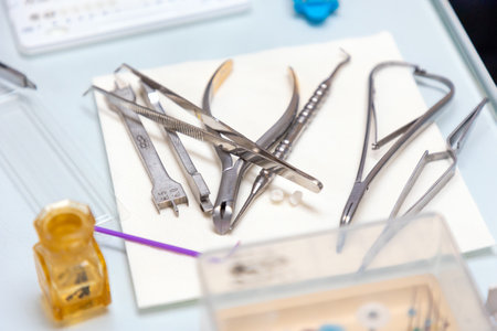 Close-up of medical dental instruments lying on table. Concept of dentistry.の写真素材