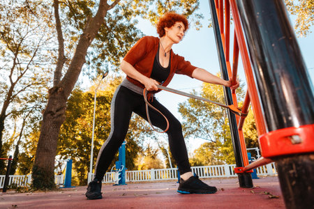 Bottom view of adult smiling Caucasian woman looking in camera does stretching with elastic band on sports playground.の写真素材