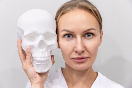 Rhinoplasty. Portrait of adult Caucasian woman holds cranium near face. Concept of plastic surgery...