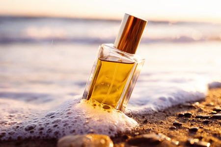 Close up of rectangular glass bottle with golden perfume washed by sea surf, consecrated by setting...