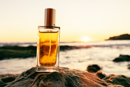 Close up of rectangular glass bottle with golden perfume at rock. Sunset and sea in background. Perfumes and cosmetics.の写真素材