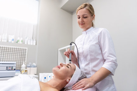 Close-up of woman on professional mesotherapy procedure. Rejuvenation Injections. Aesthetic medicine and skin care.の写真素材