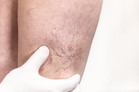 Close-up of a woman's leg with veins and vascular asterisks. Doctor hand shows problem area on female hip. Concept of varicosity.の写真素材