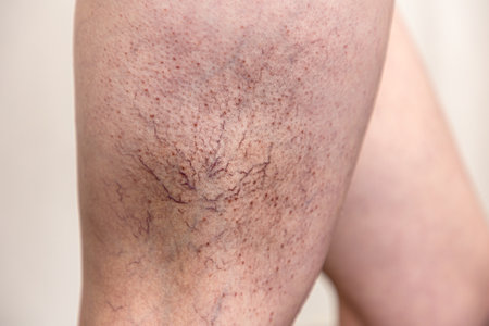 Close-up of woman's hip with veins and vascular asterisks. Concept of varicosity on female legs.の写真素材