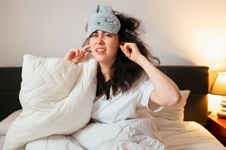 Portrait of annoyance Caucasian woman wearing sleep mask covers her ears sitting in bed. Insomnia due to noisy neighbors.の写真素材