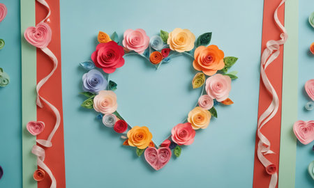 Postcard template for wedding and St. Valentine's Day. Light turquoise background with quilling composition from paper hearts and roses. Mother's day holiday concept. AI generative.の素材