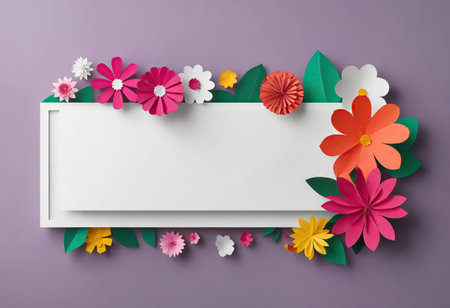 Simple spring template with flowers decoration with mock up in lilac background. Carving craft of paper. Concept of International Womens Day, March 8. Ai generationの素材