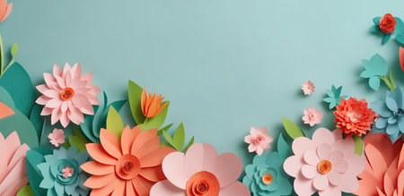 Spring turquoise template with floral decoration and copy space. Carving craft of paper. Concept of International Womens Day, March 8. Generative aiの素材