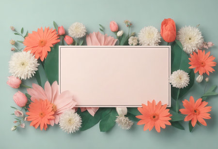 Greeting postcard template with floral decoration and mock up area. Delicate turquoise background. Copy space. Concept of International Womens Day, March 8. Ai generativeの素材