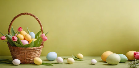 Spring season banner. Green light background with basket full of tulips and painted eggs. Copy space. Concept of Easter holiday. Generative Aiの素材