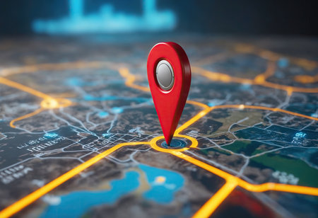Close-up of night digital city map with destination red pin marked goal. Concept of guide to route and online navigation. Generative Aiの素材